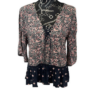 Abercrombie & Fitch Floral Print Peplum Blouse Lace Up V Neck 3/4 Sleeve Top